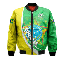 Bomber jacket with Brazil crest, green/yellow paneling, full-zip front, black collar and cuffs