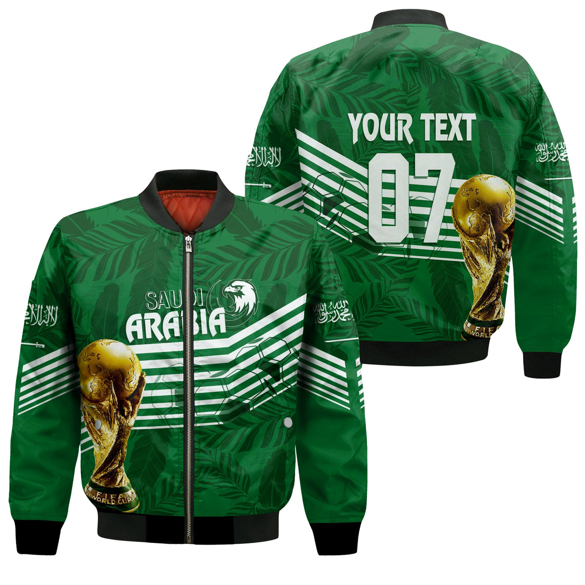 Personalised Saudi Arabia World Cup 2022 Bomber Jacket Green Falcons LT7 - Wonder Print Shop