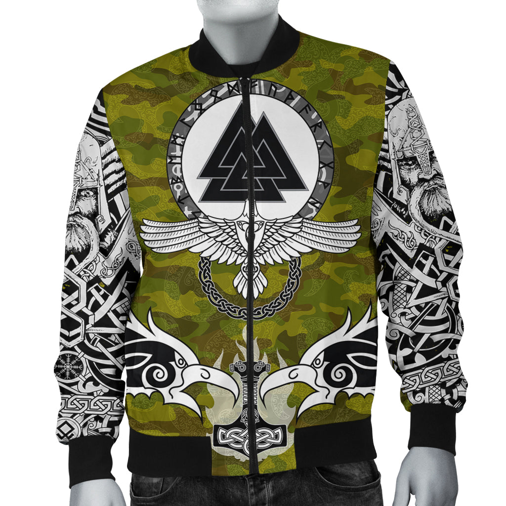Viking Men's Bomber Jacket Raven Of Odin and Symbol Viking On Camo Background RLT12 - Wonder Print Shop