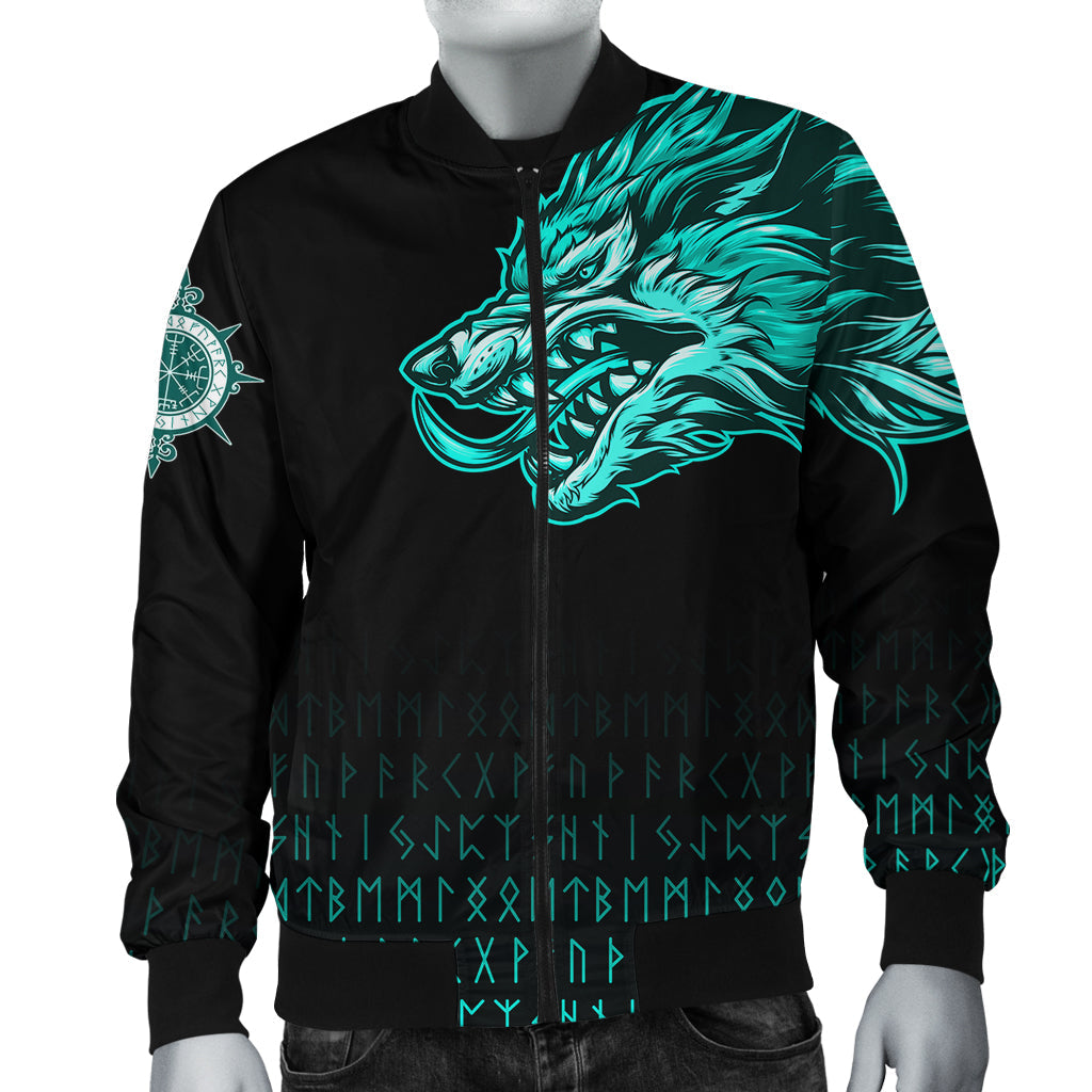 Viking Bomber Jacket Fenrir Wolf Cyan Near Shoulder RLT12 - Wonder Print Shop