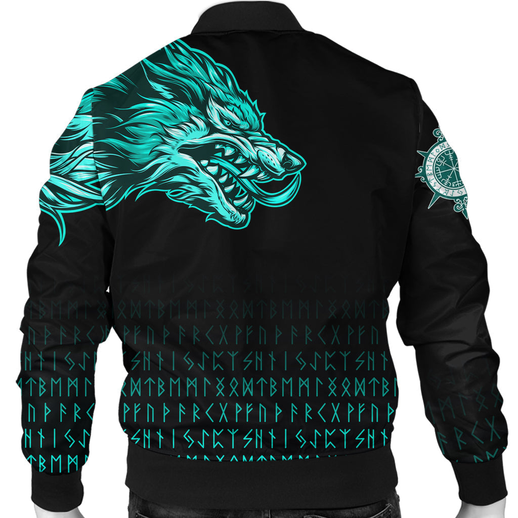 (Custom) Viking Bomber Jacket Fenrir Wolf Cyan Near Shoulder RLT12 - Wonder Print Shop