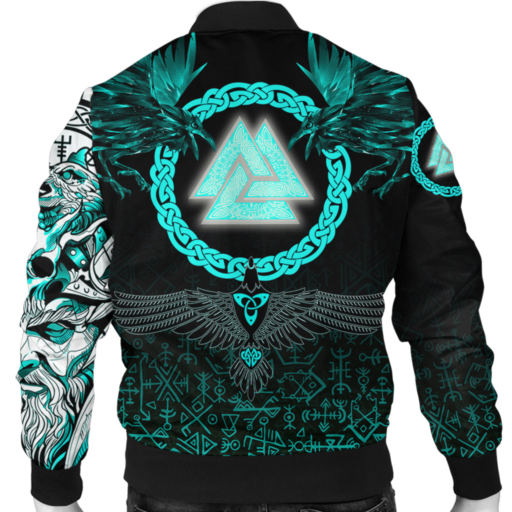 Viking Bomber Jacket Three Raven and Valknut Cyan RLT12 - Wonder Print Shop