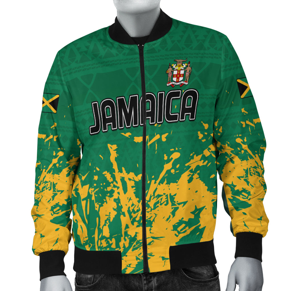 (Custom Text and Number) Jamaica Athletics Bomber Jacket Jamaican Flag With African Pattern Sporty Style - Wonder Print Shop