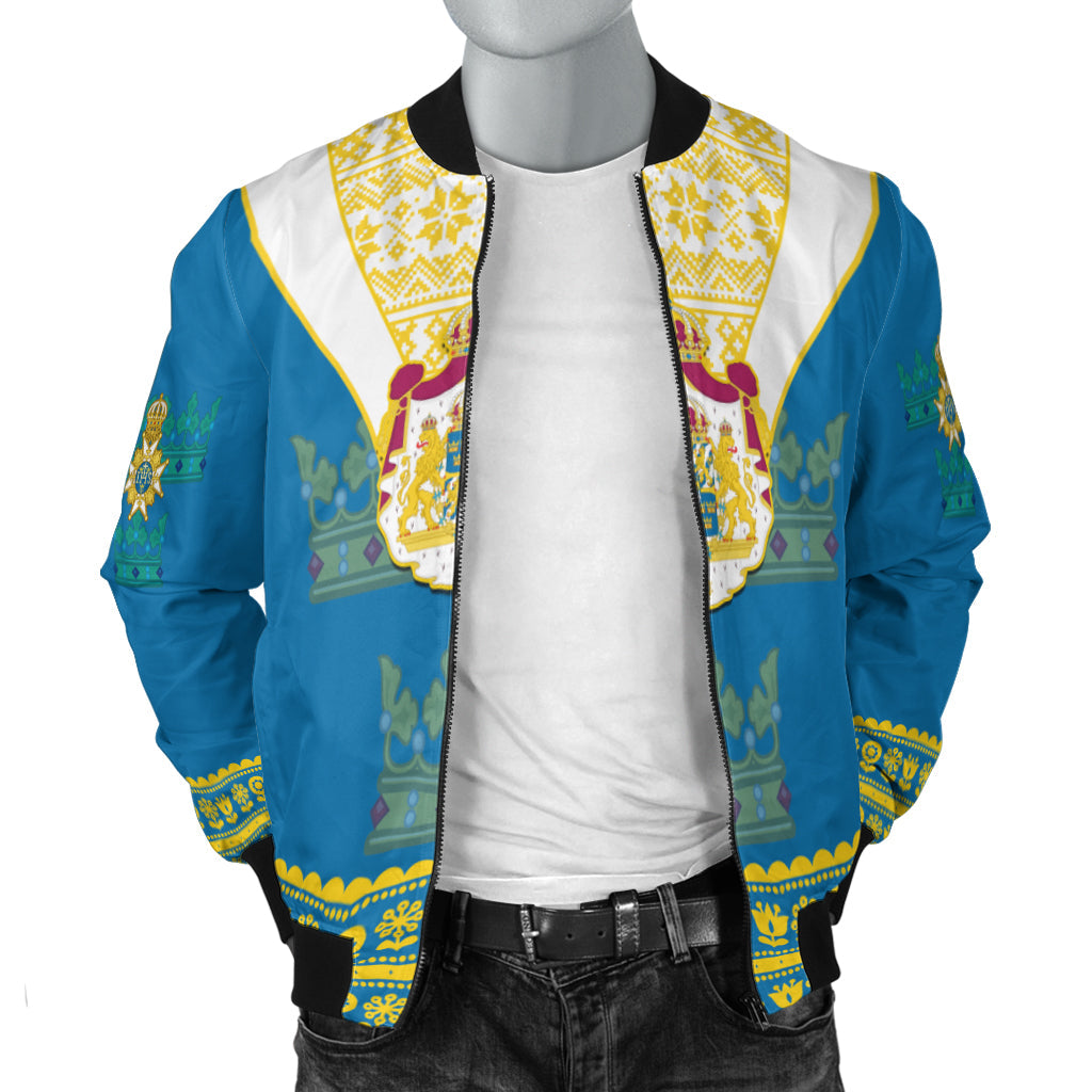 (Custom Personalised) Sweden Bomber Jacket Swedish Coat Of Arms With Scandinavian Flowers - Wonder Print Shop