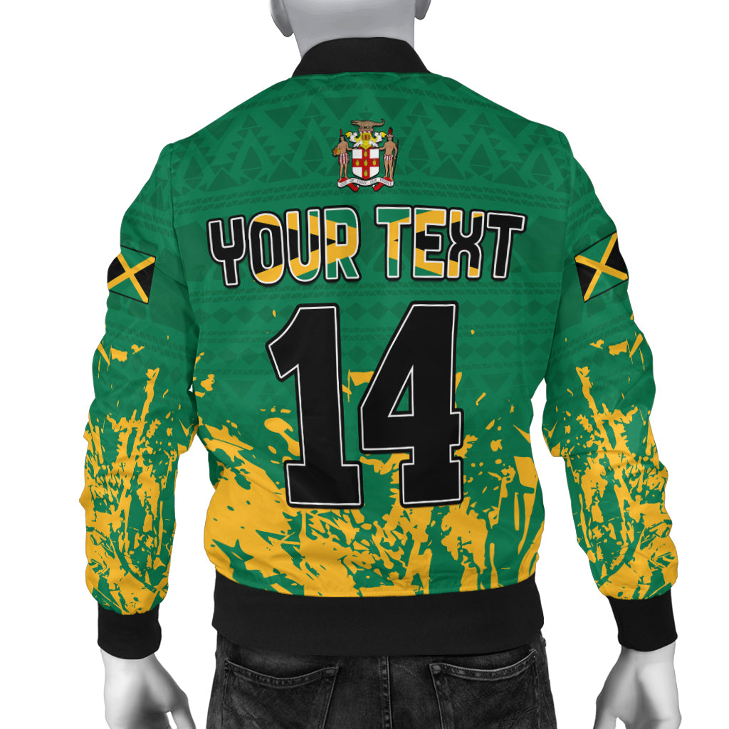 (Custom Text and Number) Jamaica Athletics Bomber Jacket Jamaican Flag With African Pattern Sporty Style - Wonder Print Shop