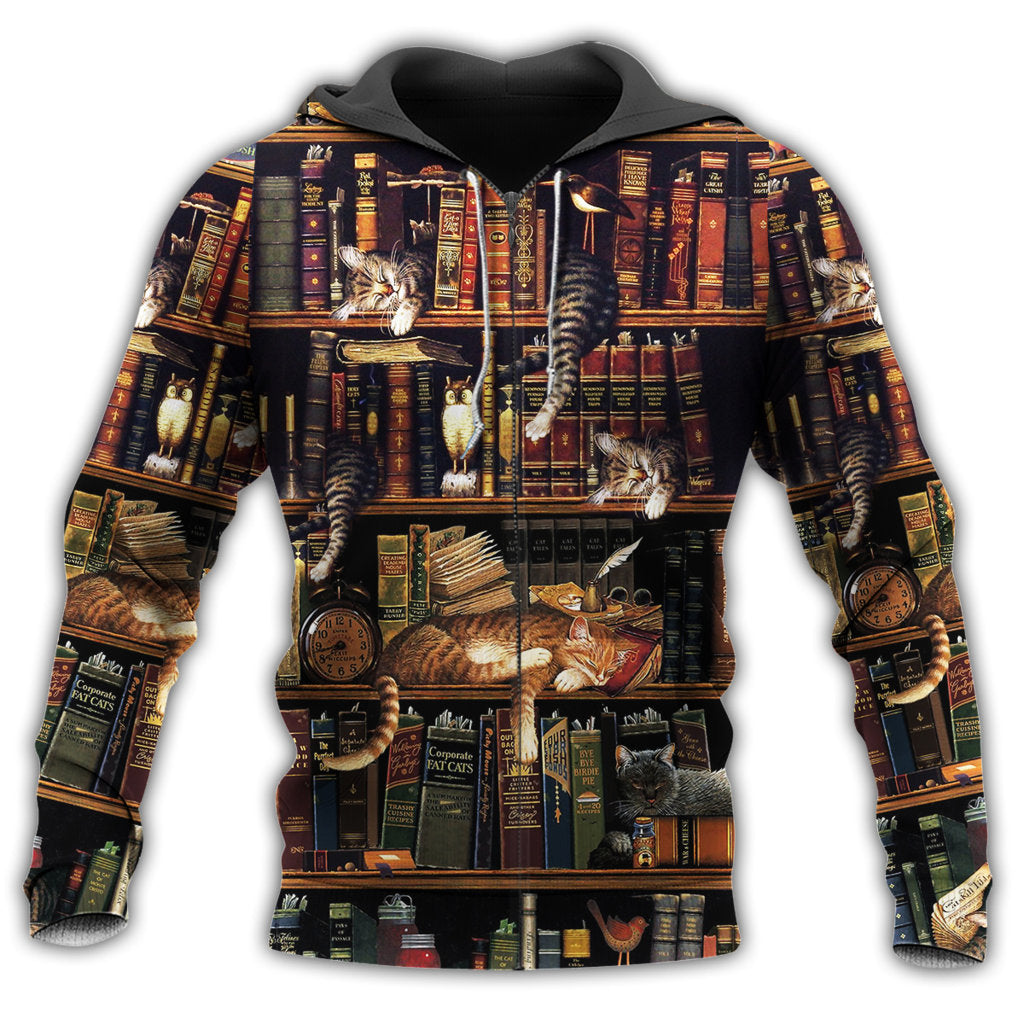 Book And Cat Sleeping Bookshelf Hoodie - Wonder Print Shop