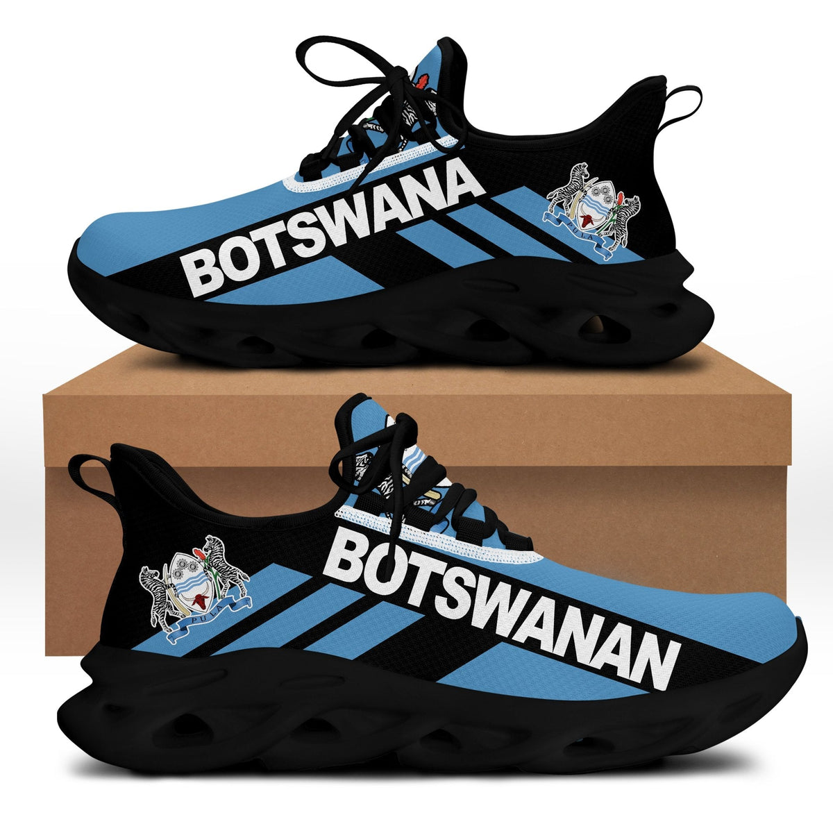 Black clunky sneakers with Botswana text and blue stripe print; black sole