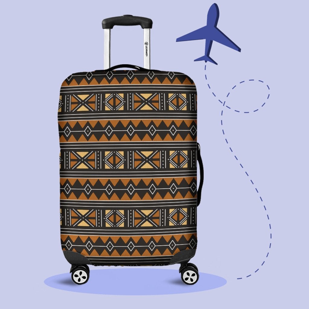 African Luggage Cover - Brown Traditional African Bogolan Travel Suitcase - Wonder Print Shop