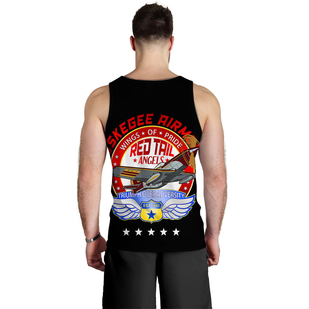 Black men's tank top back view with red wings circular graphic