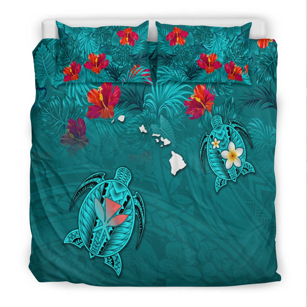 Hawaiian Islands Bedding Set - Hawaii Tropical Flowers and Turtles Turquoise LT13 - Wonder Print Shop