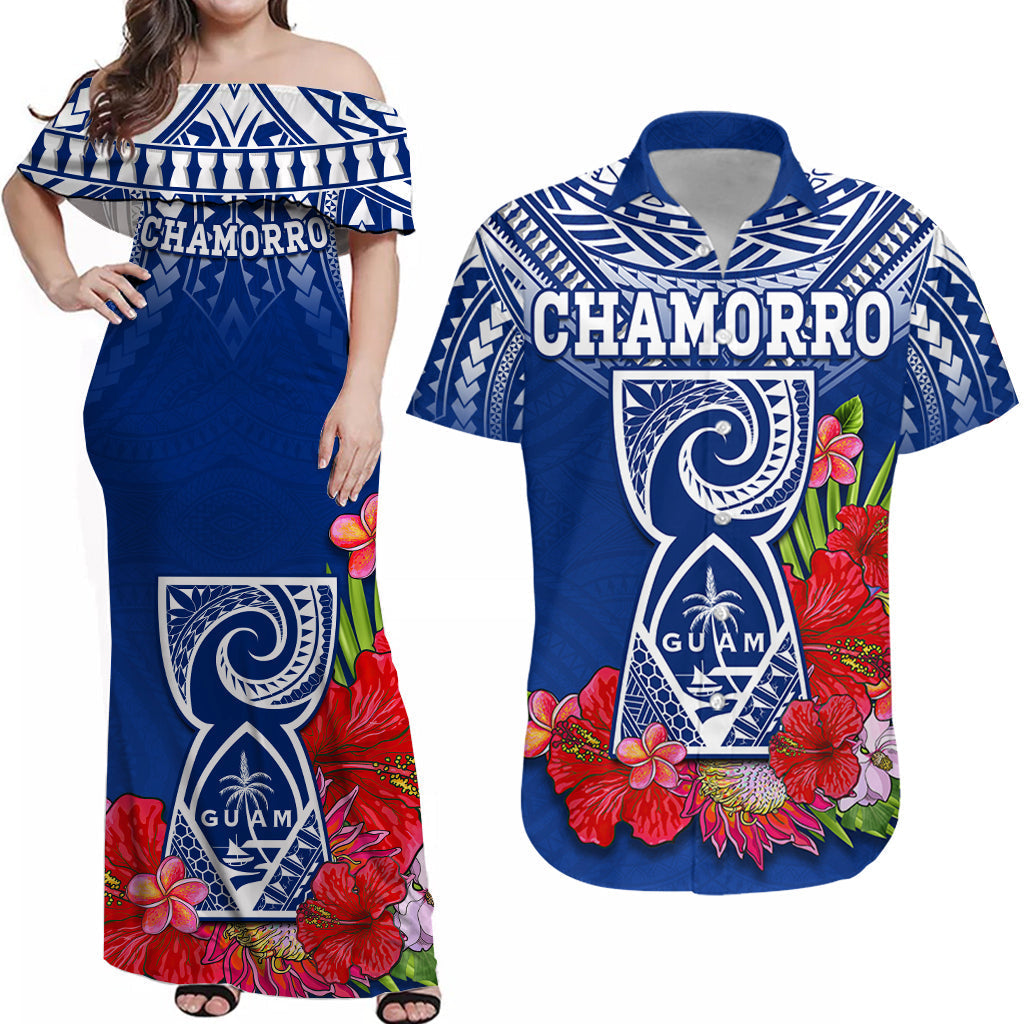 Personalised Guam Chamorro Matching Hawaiian Shirt And Dress Guaman Latte Stone Tropical Flowers Blue Version - Wonder Print Shop