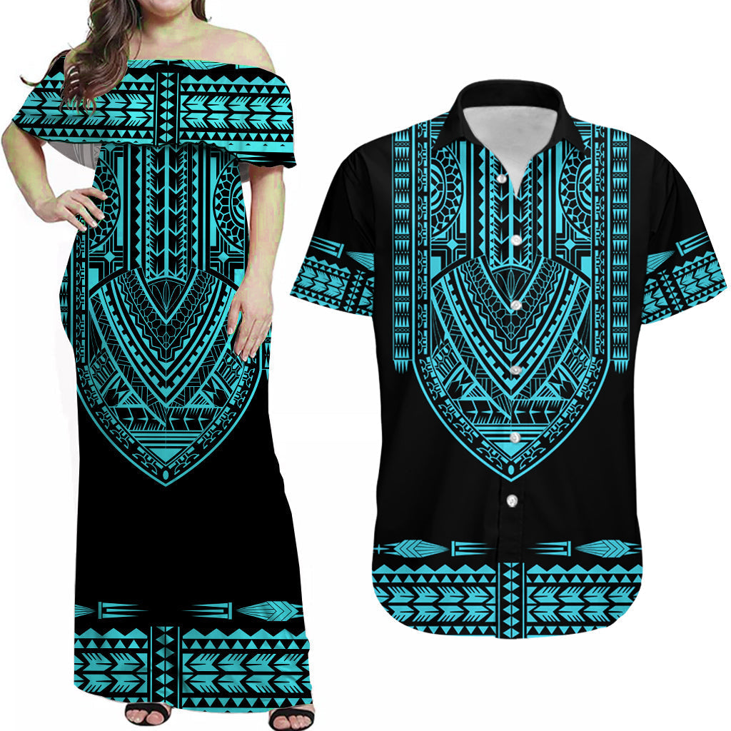 Personalised Polynesian Matching Hawaiian Shirt And Dress Dashiki With Polynesian Tattoo Royal Turquoise Version - Wonder Print Shop