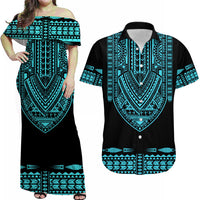 Personalised Polynesian Matching Hawaiian Shirt And Dress Dashiki With Polynesian Tattoo Royal Turquoise Version - Wonder Print Shop
