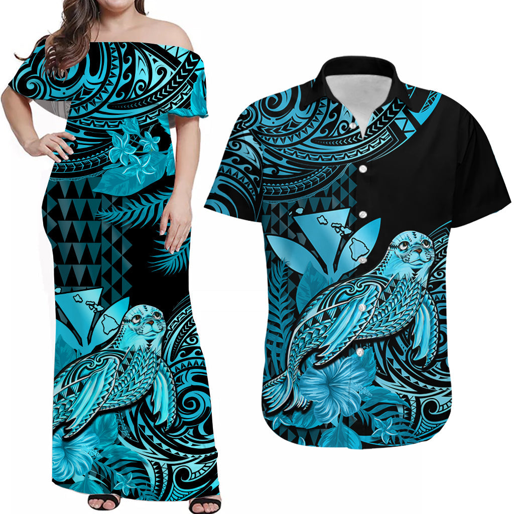Personalised Hawaii Monk Seal Matching Hawaiian Shirt And Dress Kakau With Kanaka Turquoise - Wonder Print Shop