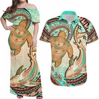 Hawaii Matching Hawaiian Shirt And Dress Polynesian Shark And Sea Turtle Dreamy Turquoise Artsy - Wonder Print Shop