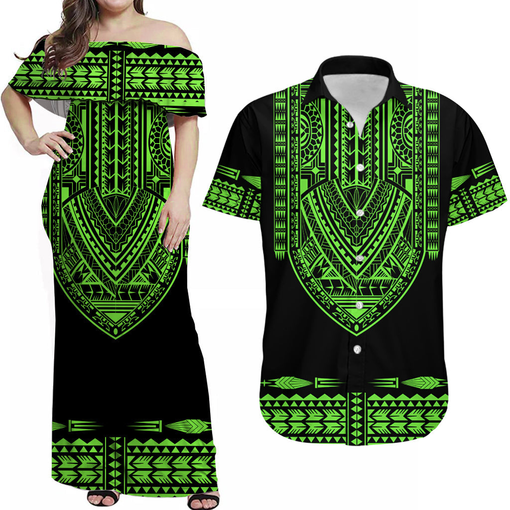 Personalised Polynesian Matching Hawaiian Shirt And Dress Dashiki With Polynesian Tattoo Royal Green Version - Wonder Print Shop