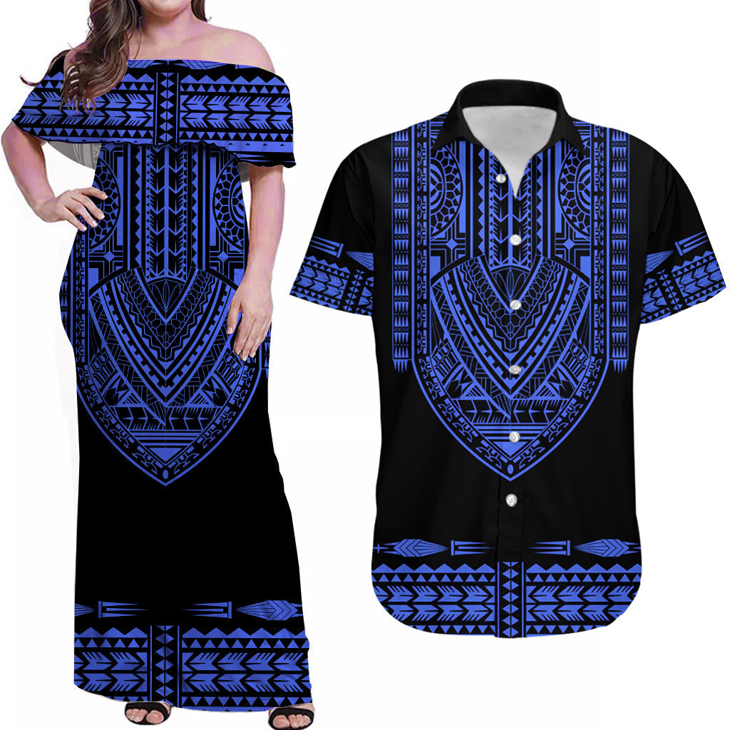 Personalised Polynesian Matching Hawaiian Shirt And Dress Dashiki With Polynesian Tattoo Royal Blue Version - Wonder Print Shop