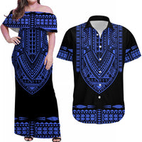 Personalised Polynesian Matching Hawaiian Shirt And Dress Dashiki With Polynesian Tattoo Royal Blue Version - Wonder Print Shop