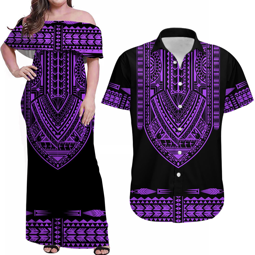 Personalised Polynesian Matching Hawaiian Shirt And Dress Dashiki With Polynesian Tattoo Royal Purple Version - Wonder Print Shop
