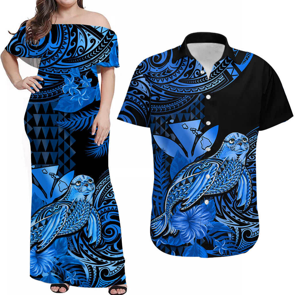 Personalised Hawaii Monk Seal Matching Hawaiian Shirt And Dress Kakau With Kanaka Blue - Wonder Print Shop