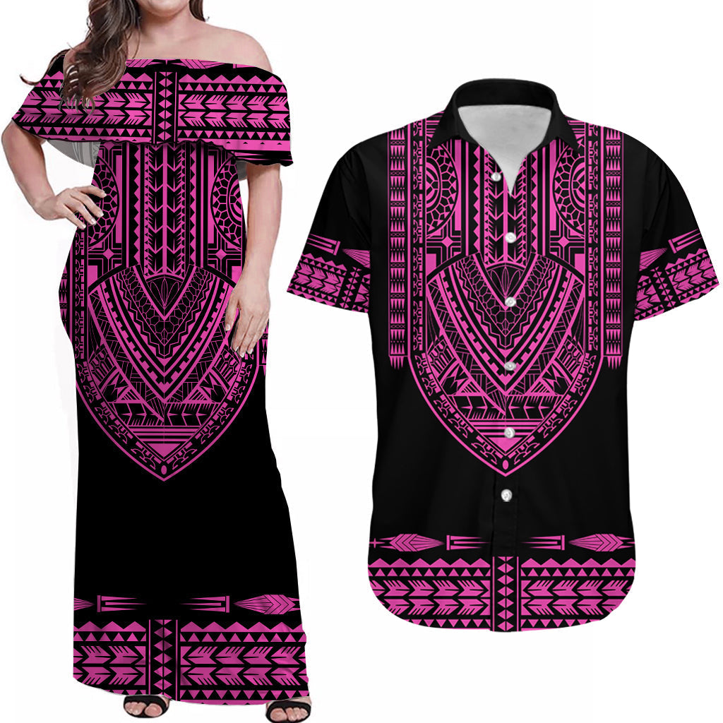 Personalised Polynesian Matching Hawaiian Shirt And Dress Dashiki With Polynesian Tattoo Royal Pink Version - Wonder Print Shop