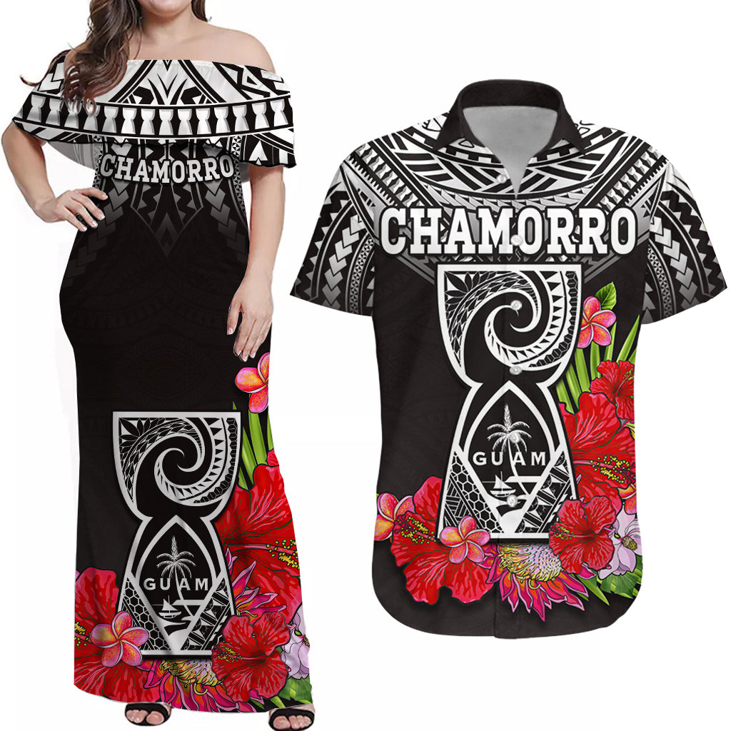 Personalised Guam Chamorro Matching Hawaiian Shirt And Dress Guaman Latte Stone Tropical Flowers Black Version - Wonder Print Shop