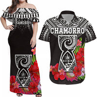 Personalised Guam Chamorro Matching Hawaiian Shirt And Dress Guaman Latte Stone Tropical Flowers Black Version - Wonder Print Shop