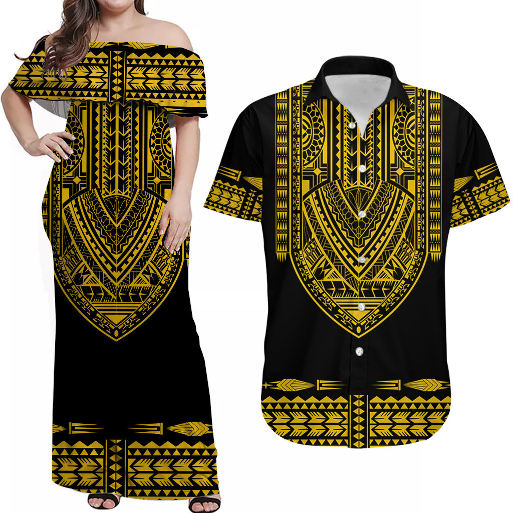 Personalised Polynesian Matching Hawaiian Shirt And Dress Dashiki With Polynesian Tattoo Royal Golden Version - Wonder Print Shop