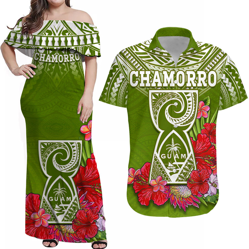 Personalised Guam Chamorro Matching Hawaiian Shirt And Dress Guaman Latte Stone Tropical Flowers Green Version - Wonder Print Shop