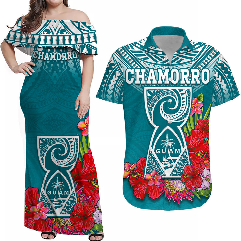 Personalised Guam Chamorro Matching Hawaiian Shirt And Dress Guaman Latte Stone Tropical Flowers Turquoise Version - Wonder Print Shop