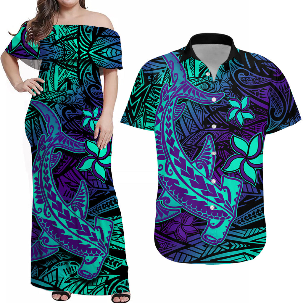 Personalised Polynesian Matching Hawaiian Shirt And Dress Purple Paradise Hawaiian Tribal Hammerhead Shark - Wonder Print Shop