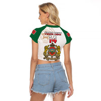 (Custom Text and Number) Morocco Football Raglan Cropped T Shirt Atlas Lions White World Cup 2022 - Wonder Print Shop