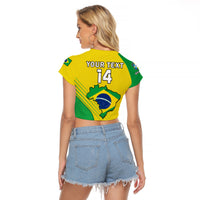 (Custom Text And Number) Brazil Football Raglan Cropped T Shirt Brasil Map Come On Canarinho Sporty Style - Wonder Print Shop