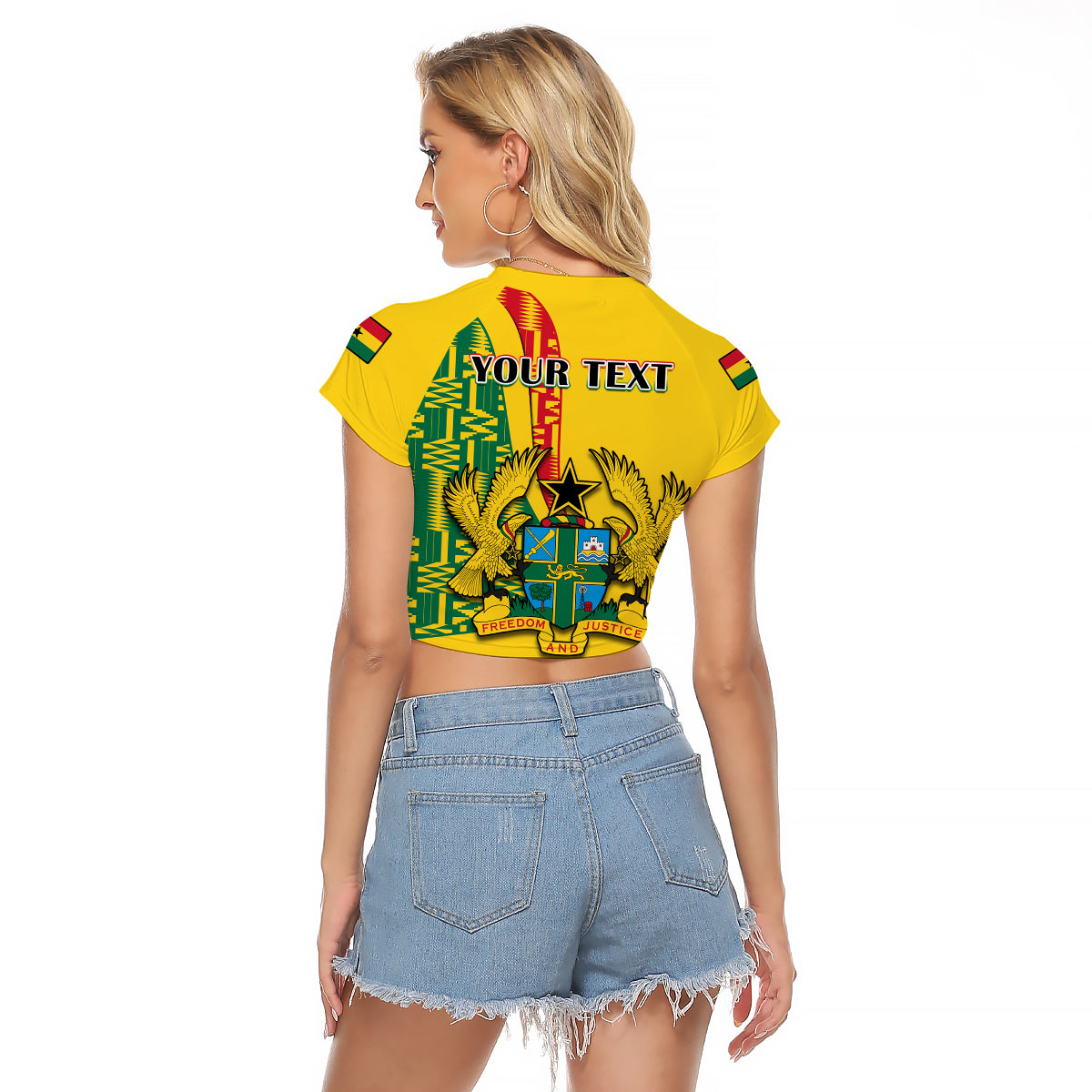 (Custom Personalised) Ghana Raglan Cropped T Shirt Ghanan Coat Of Arms Mix Kente Pattern - Wonder Print Shop