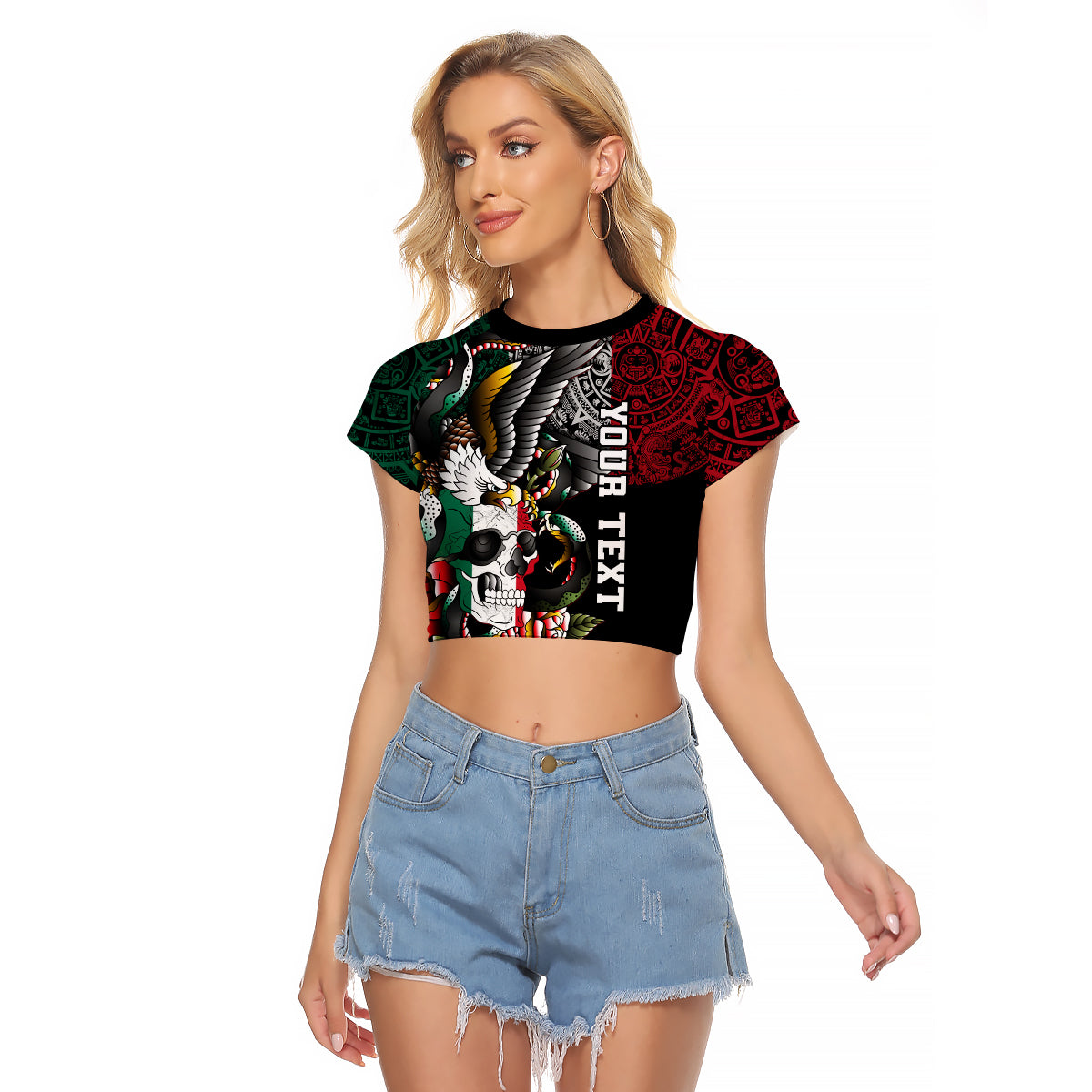 (Custom Personalised) Mexico Raglan Cropped T Shirt Mexican Skull Eagle With Angry Snake - Wonder Print Shop