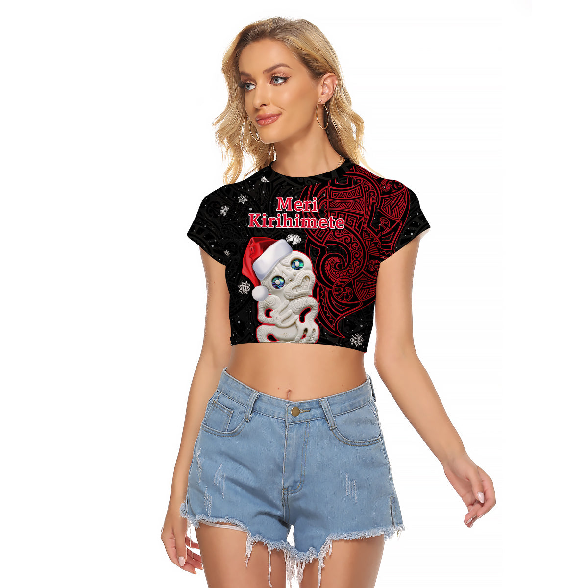 New Zealand Christmas Raglan Cropped T Shirt Hei Tiki Red Pohutukawa Meri Kirihimete - Wonder Print Shop