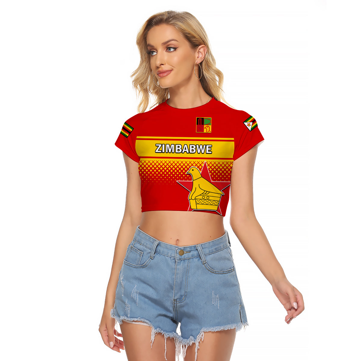 (Custom Text And Number) Zimbabwe Cricket Raglan Cropped T Shirt The Chevrons ODI Style - Wonder Print Shop