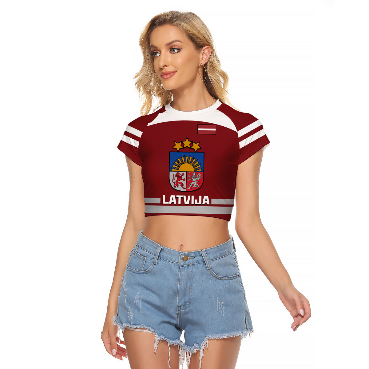 (Custom Text And Number) Latvia Hockey 2023 Raglan Cropped T Shirt Red Sporty Style - Wonder Print Shop