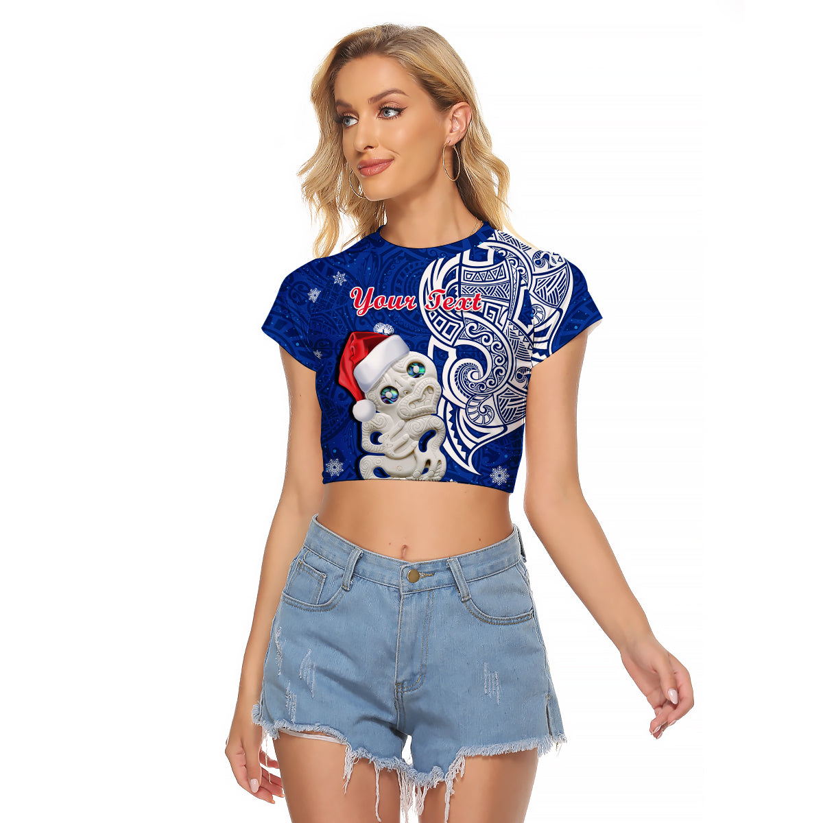 Custom Personalised New Zealand Christmas Raglan Cropped T Shirt Hei Tiki Blue Pohutukawa Meri Kirihimete - Wonder Print Shop