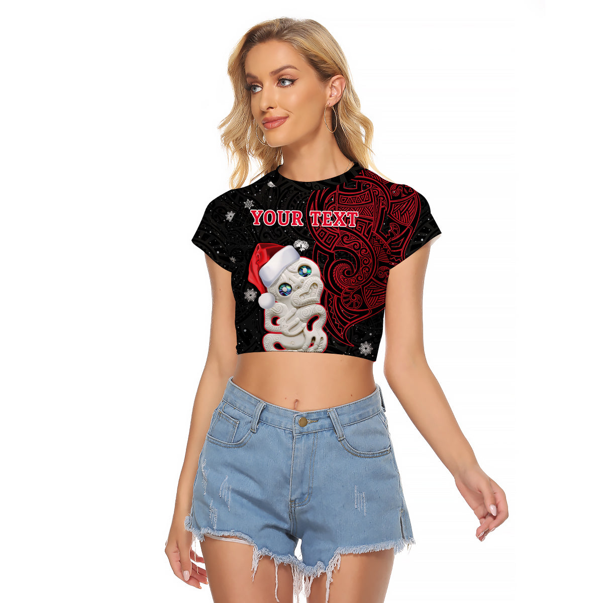 Custom Personalised New Zealand Christmas Raglan Cropped T Shirt Hei Tiki Red Pohutukawa Meri Kirihimete - Wonder Print Shop