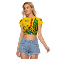 (Custom Personalised) Ghana Raglan Cropped T Shirt Ghanan Coat Of Arms Mix Kente Pattern - Wonder Print Shop