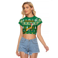 (Custom Personalised) South Africa Rugby Christmas Raglan Cropped T Shirt Springboks Proud Geseende Kersfees - Wonder Print Shop