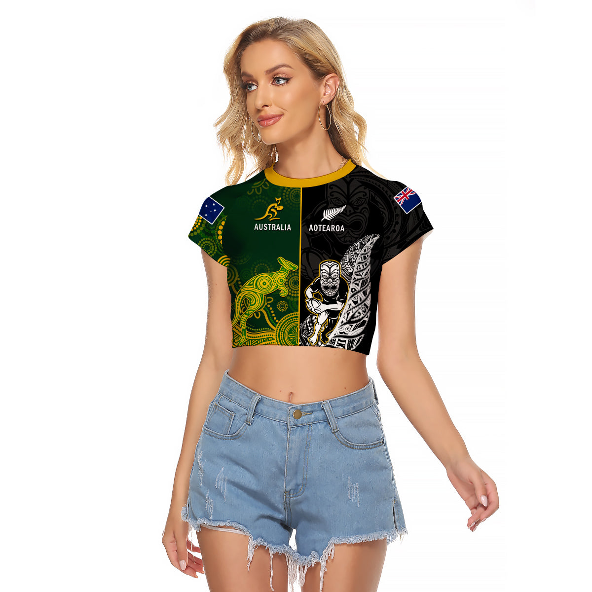 (Custom Personalised) Australia Rugby Mix Aotearoa Rugby Raglan Cropped Shirt Wallabies All Black Special Version - Wonder Print Shop