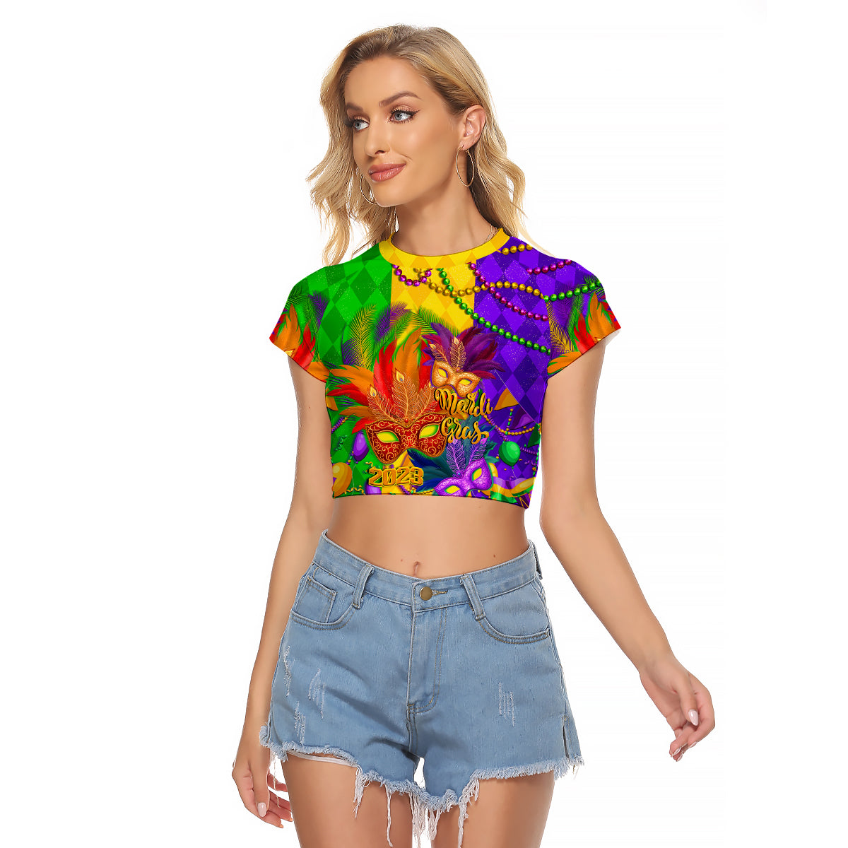(Custom Personalised) Mardi Gras 2023 Raglan Cropped T Shirt Carnival Masks With Feathers - Wonder Print Shop