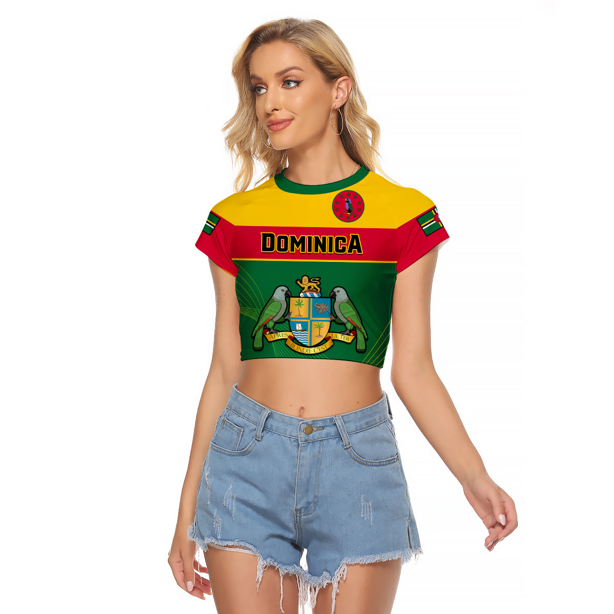 (Custom Personalised) Dominica Raglan Cropped T Shirt Dominican Coat Of Arms With Map - Wonder Print Shop