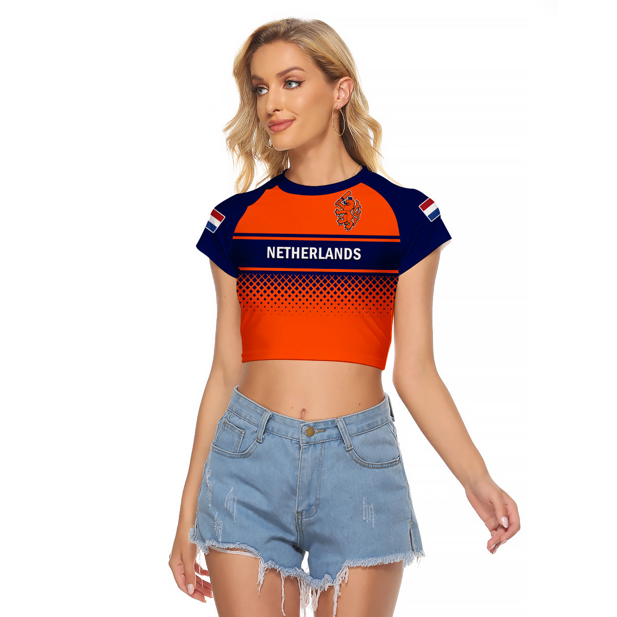 (Custom Text And Number) Netherlands Cricket Raglan Cropped T Shirt ODI Simple Orange Style - Wonder Print Shop