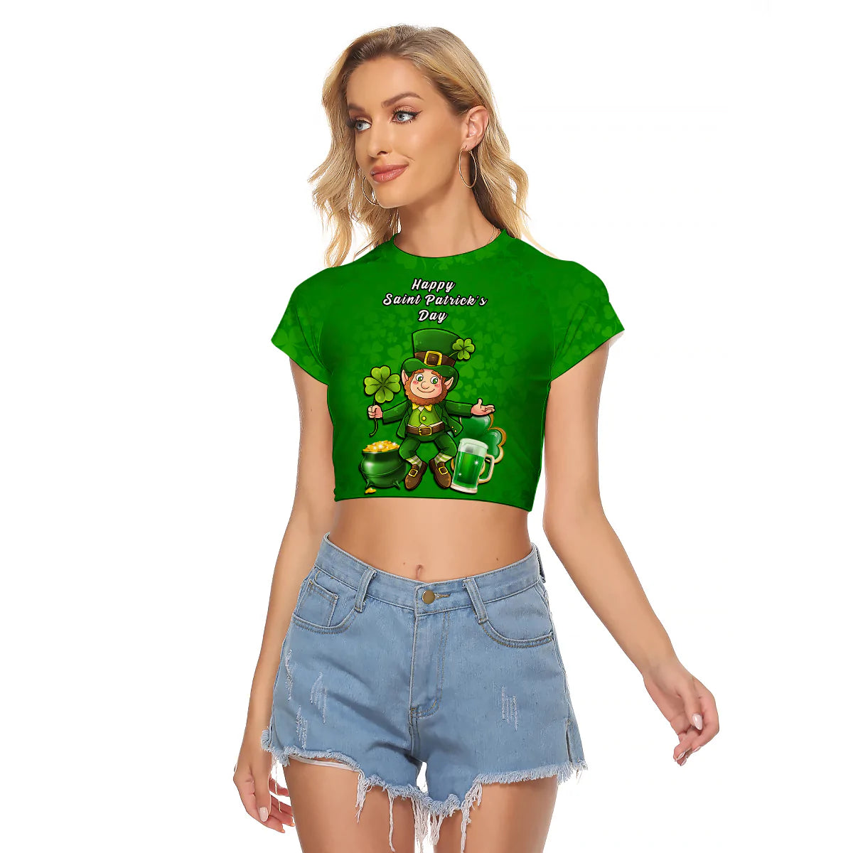 (Custom Personalised) Ireland Raglan Cropped T Shirt Saint Patricks Day Happy Leprechaun And Shamrock - Wonder Print Shop