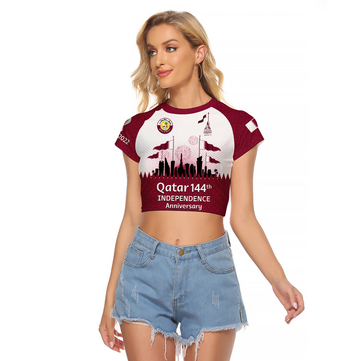 Qatar Raglan Cropped T Shirt Happy 144th Independence Anniversary Mix World Cup 2022 - Wonder Print Shop