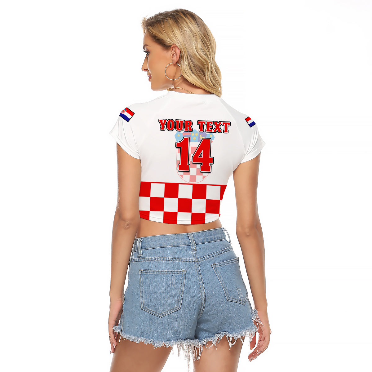 (Custom Text And Number) Croatia Football Raglan Cropped T Shirt Hrvatska Checkerboard Red Version - Wonder Print Shop
