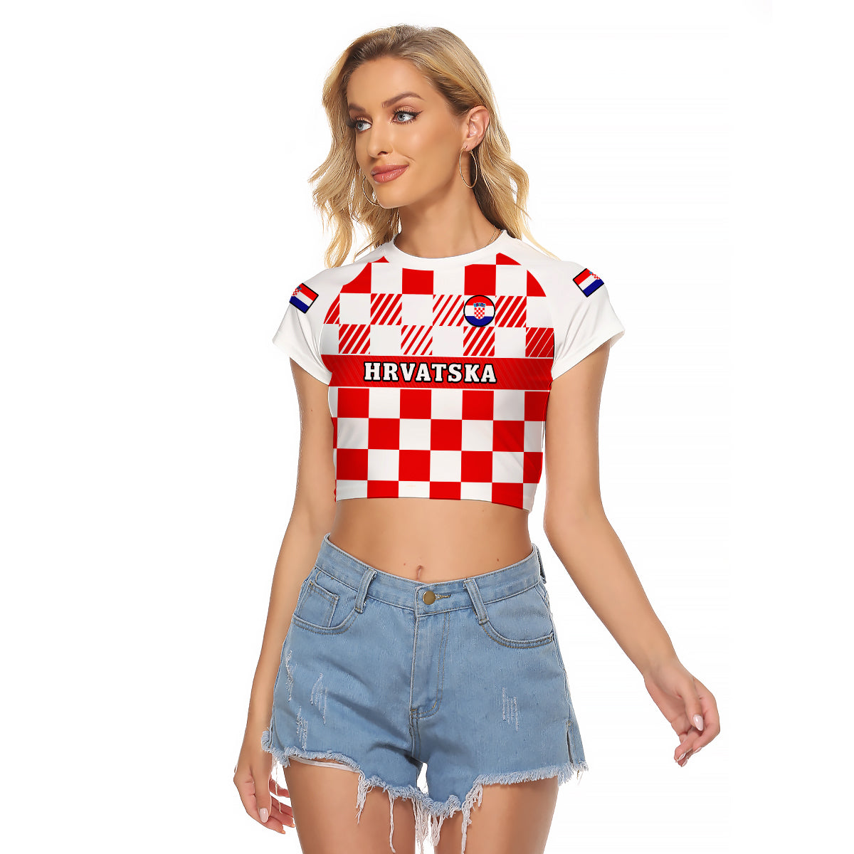 (Custom Text And Number) Croatia Football Raglan Cropped T Shirt Hrvatska Checkerboard Red Version - Wonder Print Shop